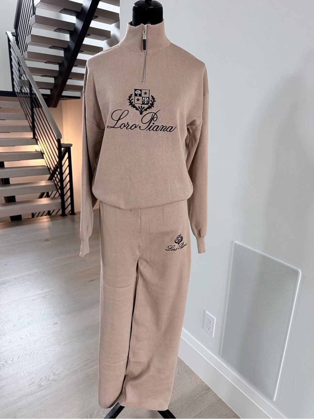 Loro Piana Women's Beige Knit Zip-Neck Pullover and Wide Leg Pants size S